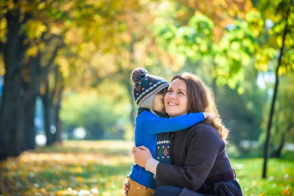 Mother Baby Play Autumn Park Parent Child Walk Forest Sunny — Stock Photo, Image