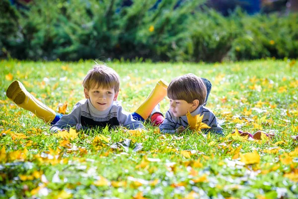 Dois Meninos Jazem Folhagem Caída Outono Grama Verde Quente Outono — Fotografia de Stock