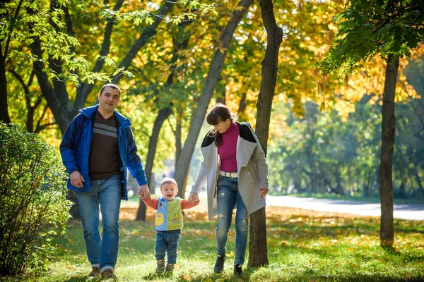 Beautiful Young Family Walk Autumn Forest Maple Yellow Trees Background Stock Photo