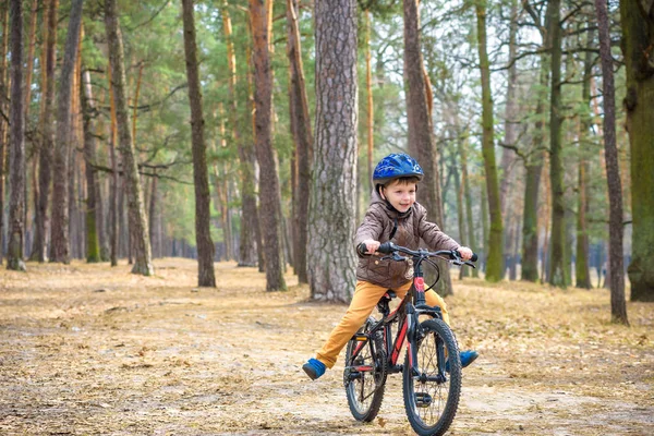 Szczęśliwy Chłopiec Lub Lat Zabawy Lesie Jesienią Rowerem Upadek Piękny — Zdjęcie stockowe