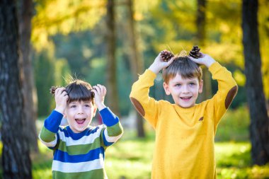 Dışarıda iki büyük kozalakla oynayan iki küçük şirin kardeş. Doğadaki çocuklar için bir oyun. Kardeş kardeşler en iyi arkadaşlardır. Çocuklarla dışarıda arkadaşça vakit geçirmek..