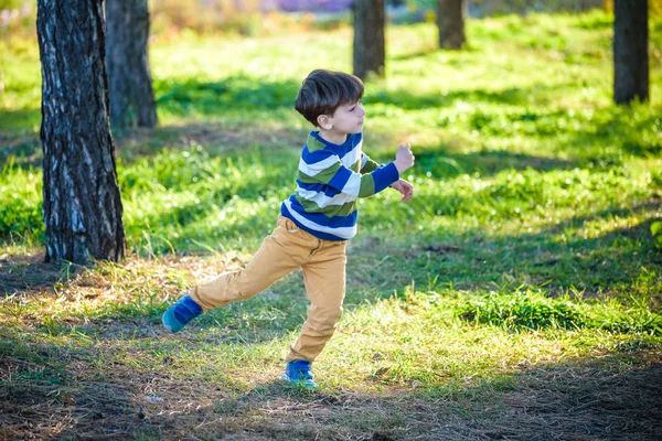 Glückliches Kind Das Mit Einem Spielzeugflugzeug Vor Blauem Sommerhimmel Spielt — Stockfoto
