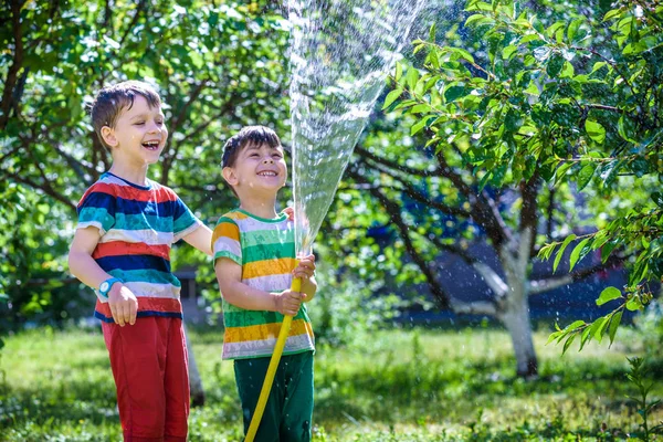Счастливый Мальчик Наливает Воду Шланга Мальчики Веселятся Поливом Фруктового Сада — стоковое фото