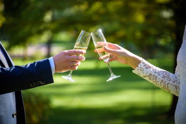 Gelin ve damat ellerinde şampanya kadehleriyle.