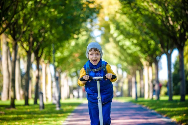 Один красивый мальчик катается на скутере в осеннем парке — стоковое фото