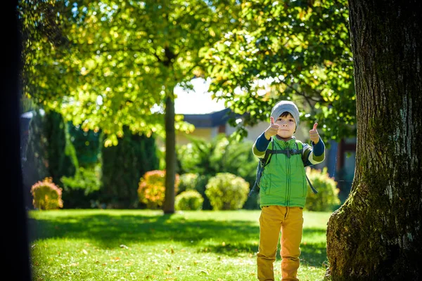 Retrato de un niño corriendo y sonriendo en el parque — Foto de Stock