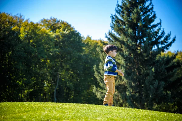 Retrato de un niño corriendo y sonriendo en el parque — Foto de Stock