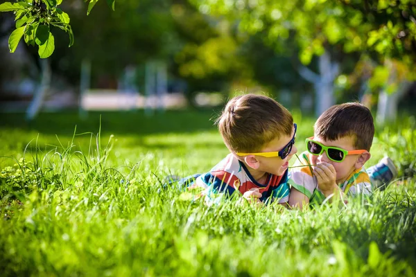 Glücklich lächelnder Geschwisterbruder entspannt sich auf dem Rasen. schließen u — Stockfoto