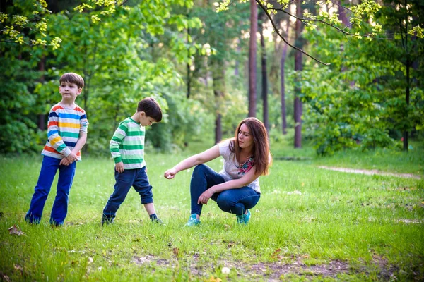 Junge Mutter verabreicht ihren beiden Söhnen Insektenschutzmittel — Stockfoto