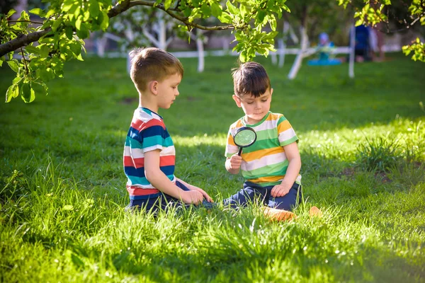 Bedårande kid boy gör eld på papper med ett förstoringsglas ou — Stockfoto