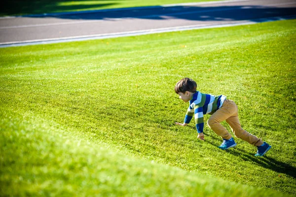 Caucásico chico sube en fresco verde hierba prado, feliz niños — Foto de Stock