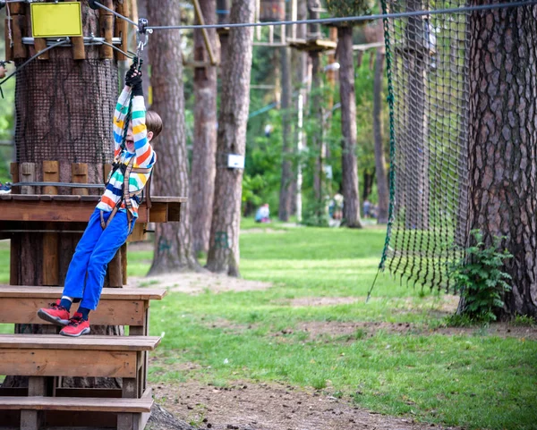 Smiling boy rides a zip line. happy child on the zip line. The k — Stock Photo, Image