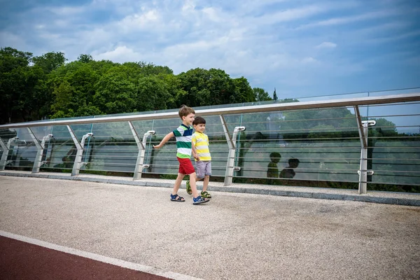 Retrato de dos niños un paseo por un puente y mirando hacia abajo, niño caminando afuera en un día soleado, niños jóvenes relajándose al aire libre en verano en un puente de cristal. Concepto turístico — Foto de Stock