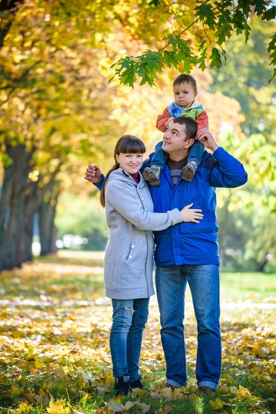 Οικογένεια τρεις βόλτες στο πάρκο φθινόπωρο κρατώντας τα χέρια. ευτυχισμένος παγίων — Φωτογραφία Αρχείου