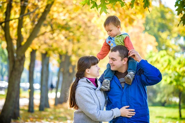 Keluarga tiga berjalan di taman musim gugur berpegangan tangan. Happy fa — Stok Foto