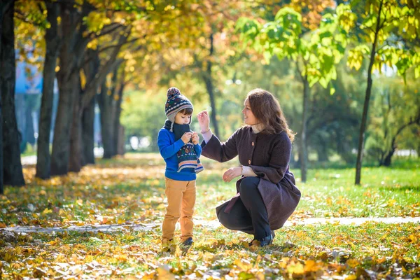 Μητέρα και το μωρό να παίξει στο πάρκο φθινόπωρο. Γονέα και το παιδί με τα πόδια σε th — Φωτογραφία Αρχείου