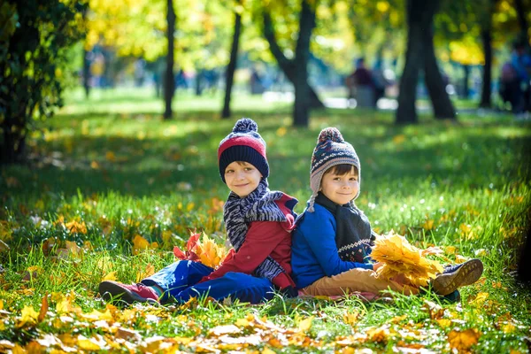 Crianças felizes brincando no belo parque de outono no dia ensolarado quente do outono. Crianças brincam com folhas douradas de bordo . — Fotografia de Stock