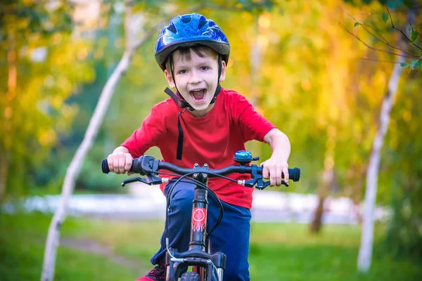 Glücklicher kleiner Junge von 6 Jahren, der an einem schönen Herbsttag mit dem Fahrrad im herbstlichen Wald Spaß hat. Aktives Kinderturnen. Sicherheit, Sport, Freizeit mit Kinderkonzept — Stockfoto