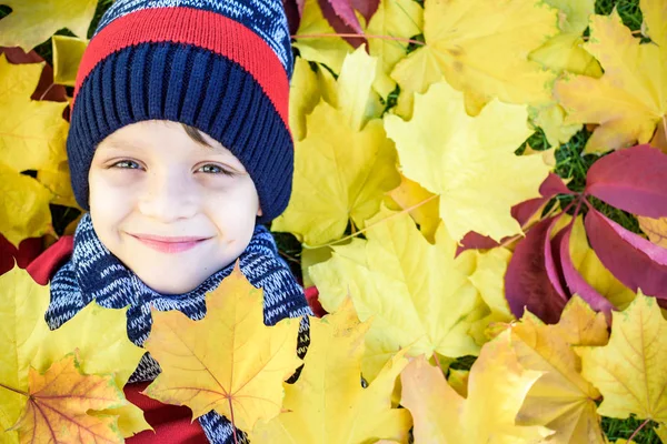 Retrato emocional de un niño feliz y activo mirando a la cámara con una sonrisa recostada boca arriba sobre una alfombra de hojas amarillas caídas en el parque de otoño. Emociones positivas . — Foto de Stock