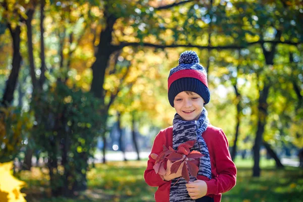 Feliz bebé jugando con hojas en la naturaleza. Día soleado de otoño. Chico con gorra . — Foto de Stock