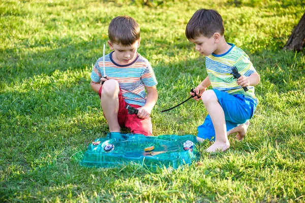Two Boys Playing Modern Spin Top Outdoors Entertainment Game Children — Stock Photo, Image