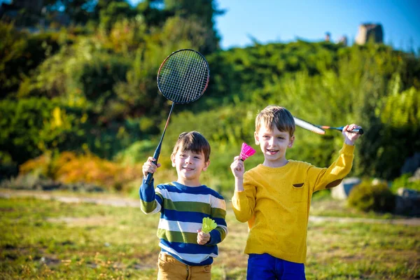 Two Active Preschool Boy Playing Badminton Outdoor Court Summer Kids — Stock Photo, Image