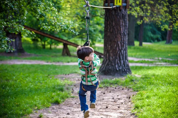 Smiling Boy Rides Zip Line Happy Child Zip Line Kid — Stock Photo, Image