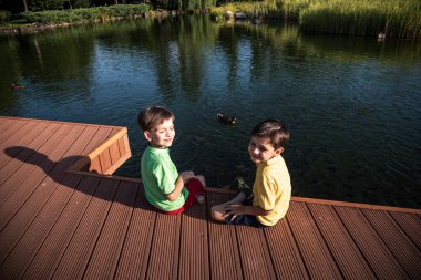 İki çocuk açık şeffaf gölde yaban ördeklerini ve küçük balık sürülerini besliyor. Erkek kardeşler en iyi arkadaşlardır. Yaz tatili arkadaşlık kavramı.