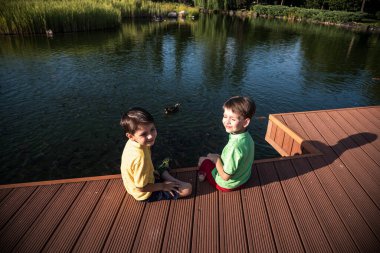 İki çocuk açık şeffaf gölde yaban ördeklerini ve küçük balık sürülerini besliyor. Erkek kardeşler en iyi arkadaşlardır. Yaz tatili arkadaşlık kavramı.