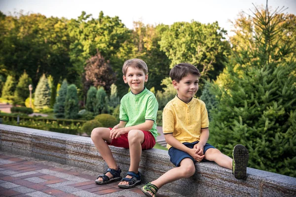 Dos Hermanos Niños Felices Jugando Aire Libre Niños Divirtiéndose Parque — Foto de Stock