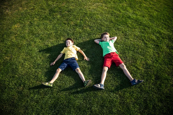 Parkta eğlenen iki kardeşin fotoğrafı, yeşil çimenlere uzanan iki neşeli çocuk, dışarıda oynayan küçük çocuk, en iyi arkadaşlar, mutlu aile, aşk ve mutluluk konsepti..