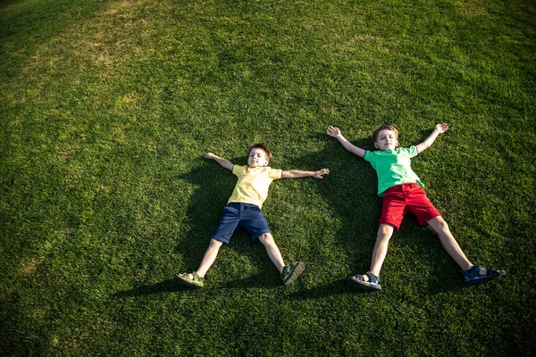 Parkta eğlenen iki kardeşin fotoğrafı, yeşil çimenlere uzanan iki neşeli çocuk, dışarıda oynayan küçük çocuk, en iyi arkadaşlar, mutlu aile, aşk ve mutluluk konsepti..
