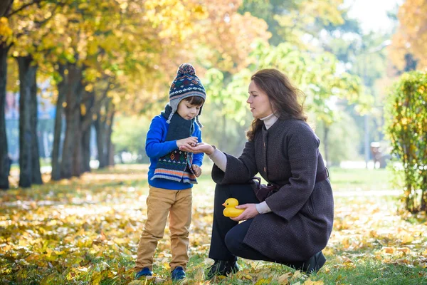 엄마와 아기는 공원에서 부모와 자녀가 걷는다 아이들이 노란색 단풍잎을 가지고 — 스톡 사진