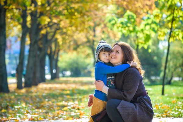 엄마와 아기는 공원에서 부모와 자녀가 걷는다 아이들이 노란색 단풍잎을 가지고 — 스톡 사진