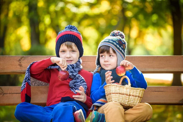 Niño Recogiendo Manzanas Una Granja Otoño Niño Sentado Banco Huerto — Foto de Stock