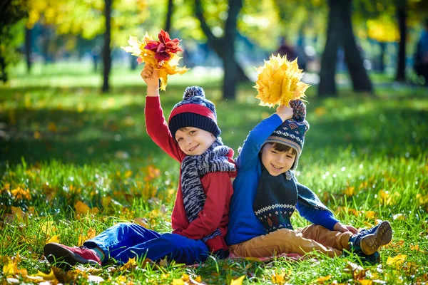Niños Felices Jugando Hermoso Parque Otoño Cálido Día Soleado Otoño — Foto de Stock