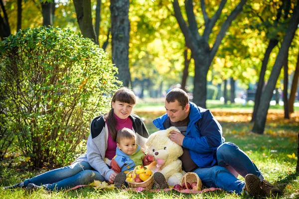 Boldog Család Élvezi Őszi Pikniket Apa Anya Fia Ülnek Pályán — Stock Fotó