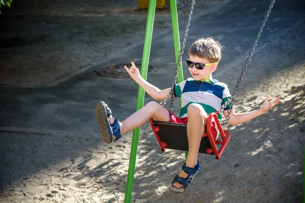 European Boy Chain Swing Summer Leisure Time Concept — Stock Photo, Image