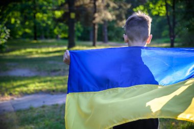 Ukrayna için dua et. Yaz parkını yöneten Ukrayna bayrağı taşıyan bir çocuk. Ulusal bayrak sallayan küçük çocuk barış için dua ediyor. Bağımsızlık Günü 'nü kutlayan mutlu çocuk.