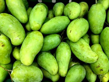Taze yeşil mango taze Market rafındaki yığını