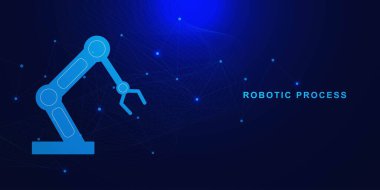 Fütürist robotik kolu olan akıllı teknoloji üretim süreci. Sanayi 4.0 konsepti. Koyu mavi arka plandaki akıllı fabrikanın robot üretim hattı. Vektör illüstrasyonu.