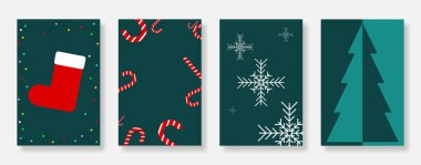 Mutlu Noeller ve mutlu yıllar tebrik kartı ve poster seti. Noel ağacı, şeker kamışı, kar tanesi ve Noel Baba çoraplarıyla dekore edilmiş kitap kapağı tasarımı. Vektör illüstrasyonu