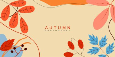 Sonbahar afişi arka planı. Renkli yaprakları ve el çizimi ikonu olan sonbahar duvar kâğıdı. Mevsimlik afiş, satış ve tebrik kartı için uygun. Vektör illüstrasyonu