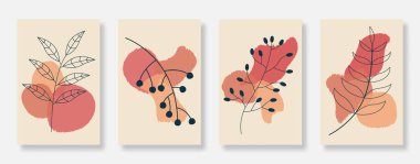 Soyut yaprak duvar sanat arka planı seti. Çizgi sanatı tarzı yapraklar, organik şekiller ve yaprak dalları. İç tasarım, kapak, afiş ve poster için uygun. Vektör illüstrasyonu