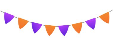 Beyaz arka planda izole edilmiş şirin mor ve sarı Cadılar Bayramı parti bayrakları. Vektör illüstrasyonu