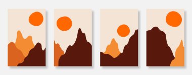 Peyzaj posteri ve duvar sanat arka planı seti. Dağ ve güneş dizaynı toprak tonlarında. Duvar sanatı, baskı ve iç dekorasyon için uygun. Vektör illüstrasyonu