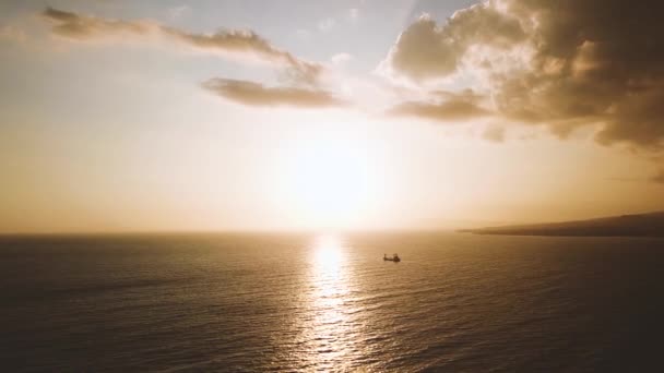 Silhouet van vrachtschip zeilen bij zonsondergang — Stockvideo