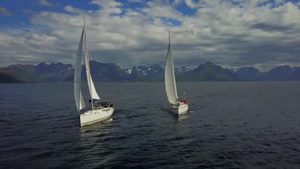 Вид с воздуха на парусную яхту в Норвегии — стоковое видео