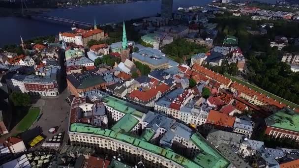 Riga, Latvia - September 2016: Aerial panoramic view over oldtown — Stock Video