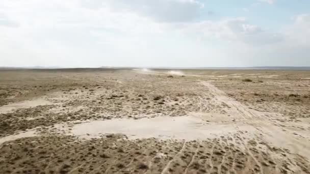 O carro atravessa o deserto deixando poeira. Localidade no país de Cazaquistão, similar a Arizona — Vídeo de Stock